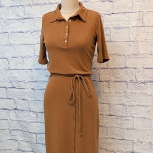 Emberley Camel Tan Short Sleeve Jersey Fabric Dress W/ Waist Tie Size XS